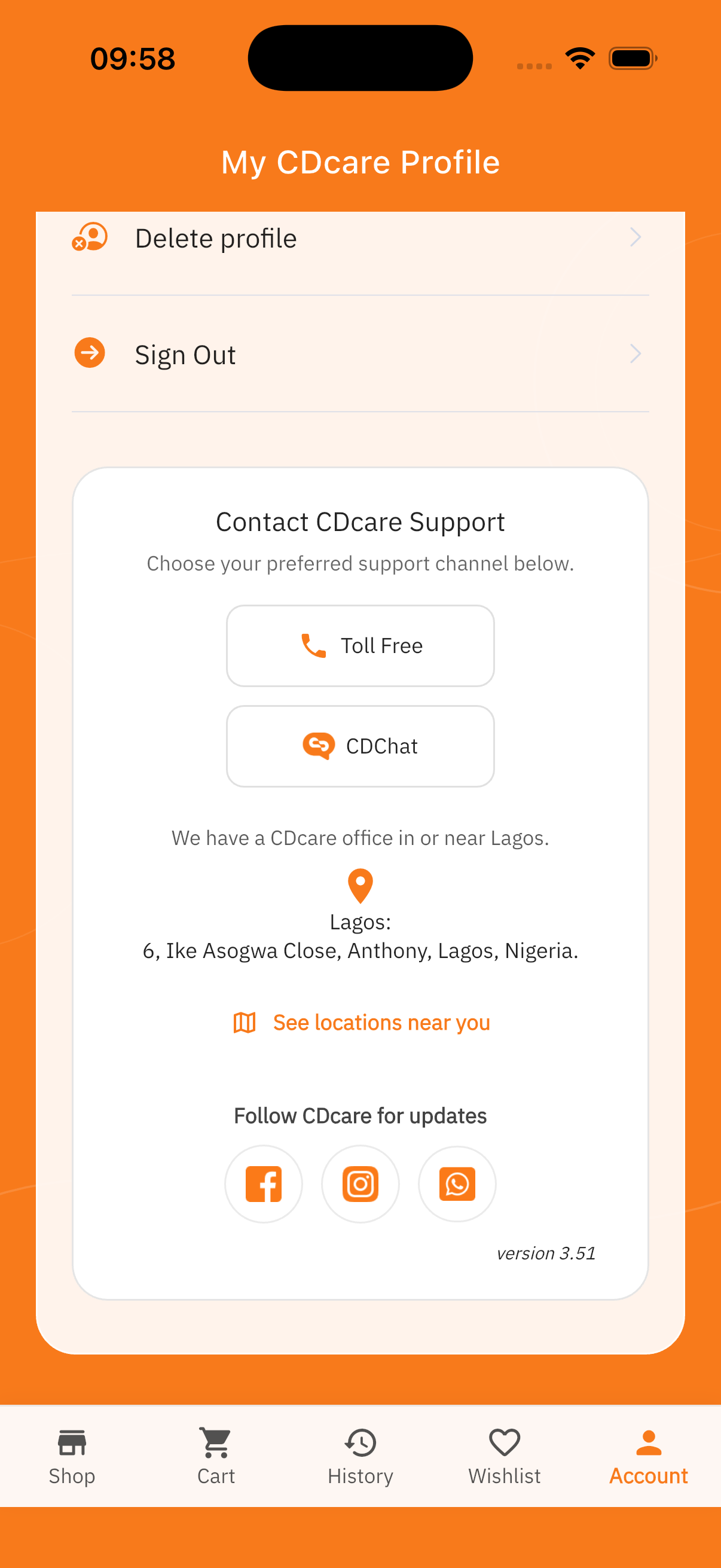 CDcare Account screen with the app version displayed near the bottom